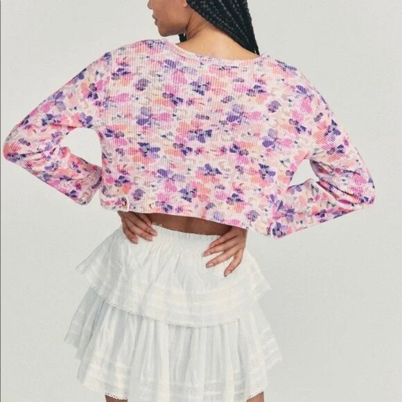 LoveShackFancy Ciel Floral Waffle Knit Button Cropped Cardigan- Heart Buttons, L - Picture 4 of 13